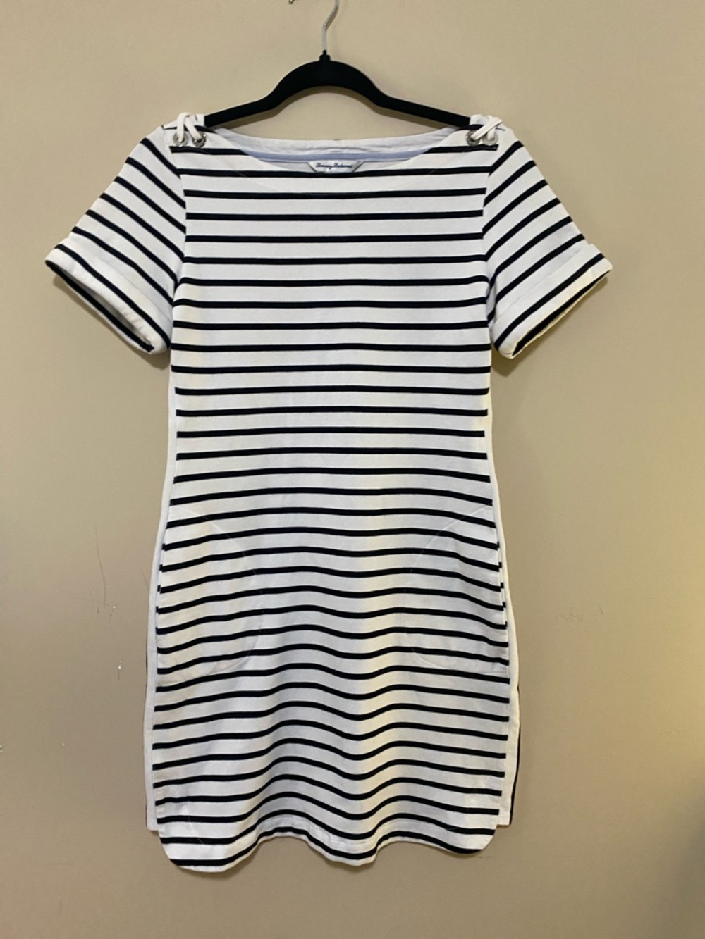 Striped White and Black Short Sleeve Shift Dress